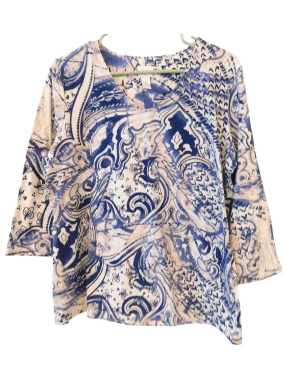 Chicos Womens Sz 2 Blue Paisley Print Top 3/4 Sleeve Flowy Boho Resort Knit